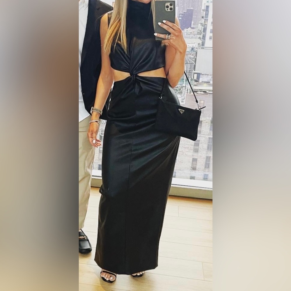 Black leather cut out floor length dress